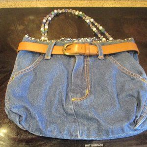 Women s Vintage Blue Jean Lined Handbag with Beaded Straps/Handles